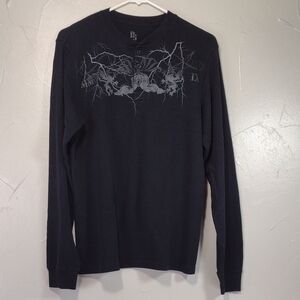 Y2K Destruction Black Eagle Skulls Graphic Thermal Henley Shirt L Grunge Goth